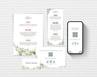 Olive Green Wedding Menu Canva Template | Editable Kit with Menu & Place Card | Romantic Watercolor Style. CA007