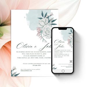 May include: Wedding invitation design featuring floral illustrations and elegant script. The invitation includes the names "Olivia e John", event details, and a request to confirm attendance. A smartphone displays the same design.