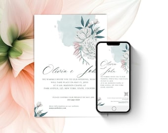 Watercolor Floral Wedding Invitation | Soft Botanical Wedding Template | Editable in Canva | Aesthetic Flower Illustration | CA006