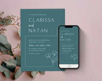 Minimalist floral line wedding invitation, illustrated invitation template, modern invitation kit, elegant online details card | CA016