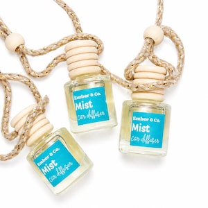 May include: Three clear glass car air fresheners with wooden caps and blue labels that read "Mist car diffuser." The bottles hang from a beige and gold rope with wooden beads. The product is from Ember & Co.