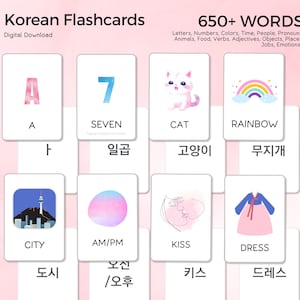 Flashcards pour apprendre le Coréen 650+ mots Cartes Apprentissage Hangeul Vocabulaire Coréen Alphabet Flashcards Numériques à télécharger