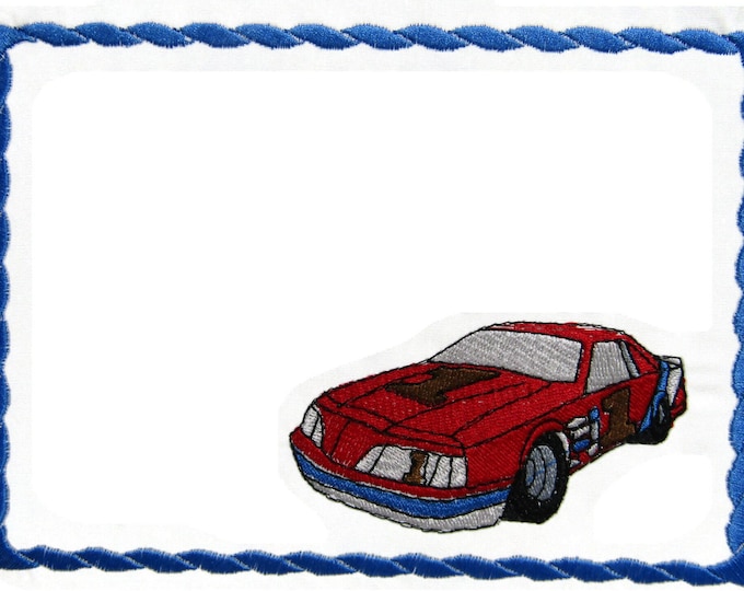Race Car embroidered quilt label to customize with your personal message