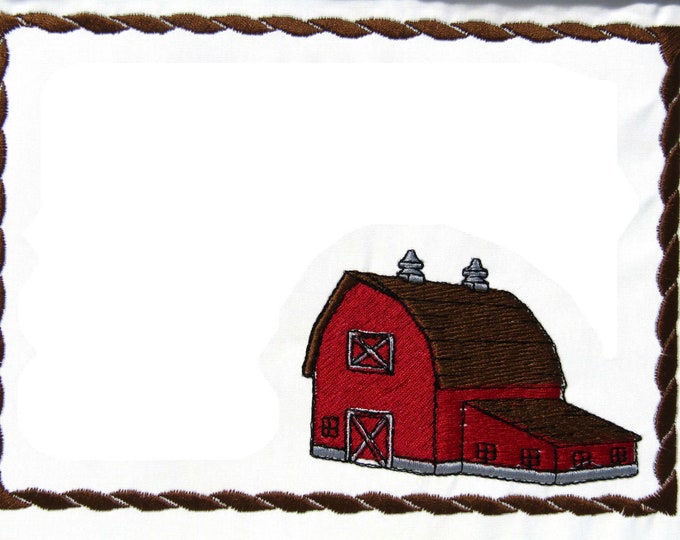 Country Barn Embroidered Quilt Label, Customize text, Farm Red Building