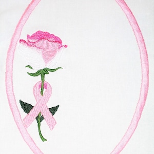 Étiquette de courtepointe brodée de roses et de rubans de sensibilisation au cancer du sein à personnaliser avec votre message personnel