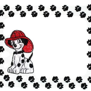 May include: A cartoon Dalmatian puppy wearing a red firefighter hat is surrounded by black paw prints on a white background.