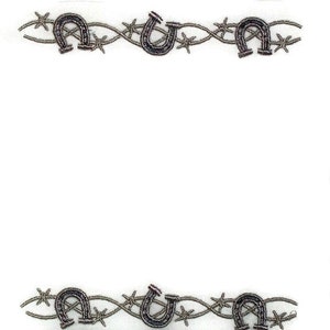 May include: A decorative border design featuring a series of silver horseshoes and barbed wire.