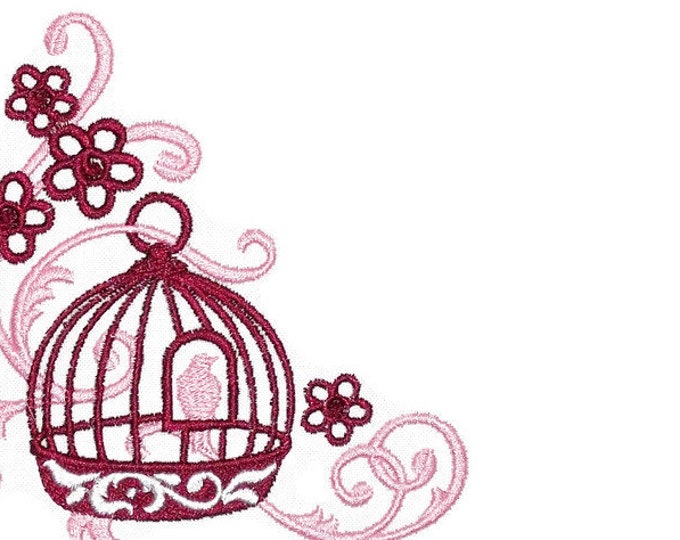 Birdcage scrollwork motif embroidered quilt label to customize with your personal message