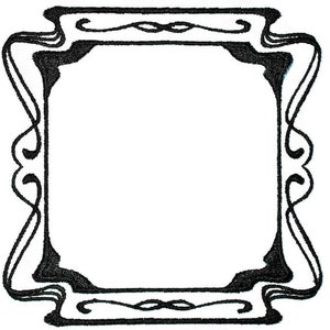 May include: A black and white decorative frame with a simple, elegant design. The frame has a square shape with rounded corners and intricate details along the edges.
