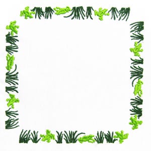 May include: A green and white border with a square frame. The border is made of small green leaves and green frogs.