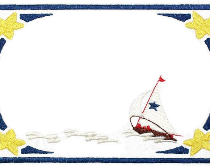 Nautical Sailboat scene embroidered quilt label, to customize with your personal message