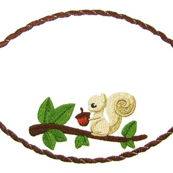 Squirrel and his Nut embroidered quilt label to customize with your personal message