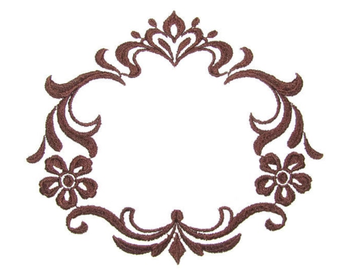 Damask brown frame embroidered quilt label to customize with your personal message