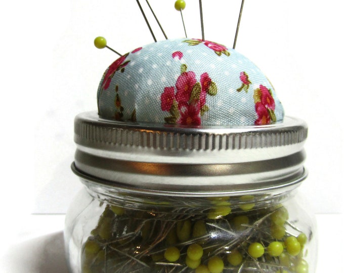 Glass Jar Pin Cushion with pins, with pink roses