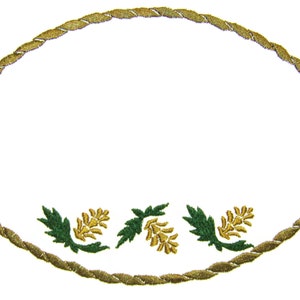 May include: An oval-shaped embroidered design with a gold rope-like border. The bottom of the design features green leaves and gold floral accents. The background is white, providing a clean contrast to the detailed embroidery.