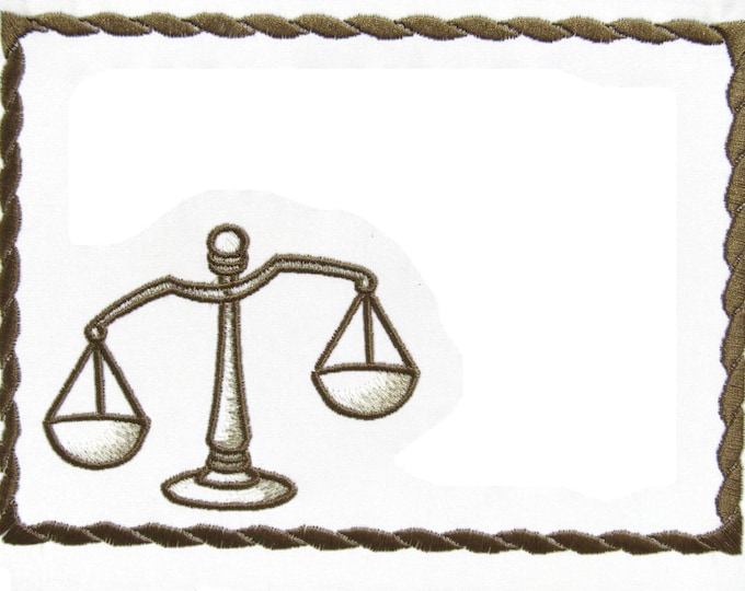 Scales of Justice embroidered quilt label, perfect to customize with your personal message