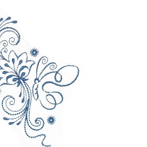 May include: A blue floral design with a butterfly in the corner of the image.