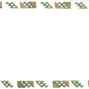 May include: White rectangular fabric with an embroidered border. The border features a repeating pattern of green and brown geometric shapes, including triangles and diamond shapes, creating a decorative frame.