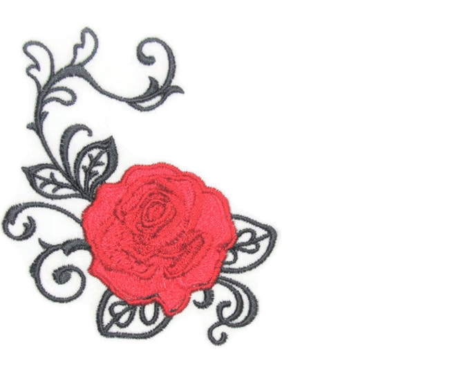 Red Rose filigree embroidered quilt label to customize with your personal message