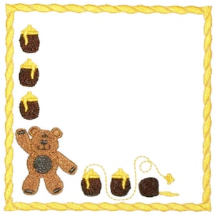 May include: A brown teddy bear with a yellow rope and honey pots on a white background with a yellow rope border.