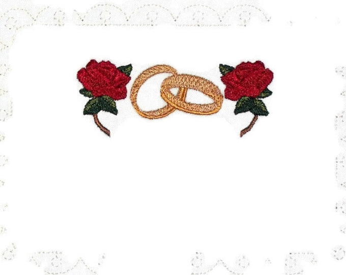 Wedding rings & roses embroidered quilt label, to customize with your personal message