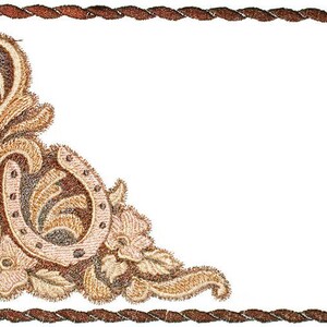 May include: A brown rope frame with a decorative corner design featuring a horseshoe, floral elements, and swirls. The design is in shades of brown and beige.