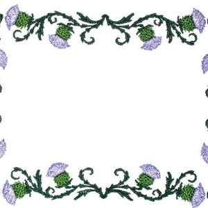May include: A decorative frame with a white background and a border of purple and green thistle flowers. The frame is perfect for adding a touch of nature to any project.