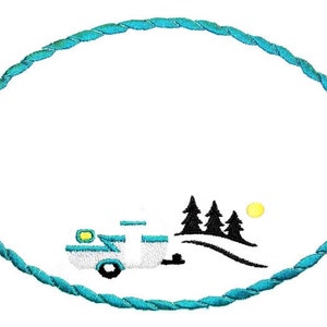 May include: A turquoise oval frame with a white background. The frame has a rope-like design. Inside the frame is a black and white illustration of a camper van driving through a forest with a yellow sun in the sky.