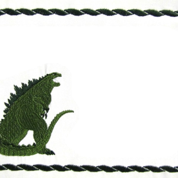 Godzilla embroidered quilt label to customize with your personal message