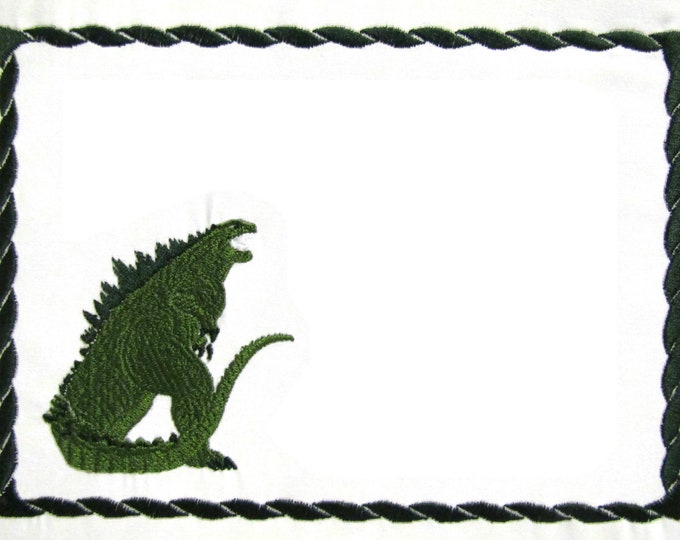 Godzilla embroidered quilt label to customize with your personal message