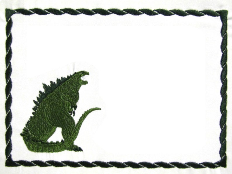 Godzilla embroidered quilt label to customize with your personal message image 1