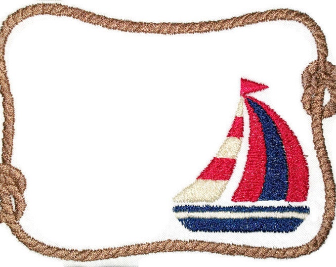 Sailboat and Rope embroidered quilt label for blocks or tops, to customize with your personal message