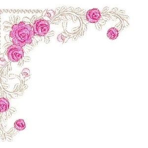 Etichetta per trapunta ricamata, rose rosa brillante con motivo a filigrana in pizzo, da personalizzare con il tuo messaggio personale.