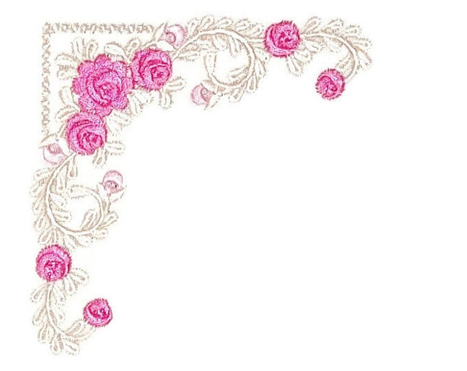 Embroidered quilt label, Bright Pink Roses in a lacy filigree motif, to customize with your personal message.