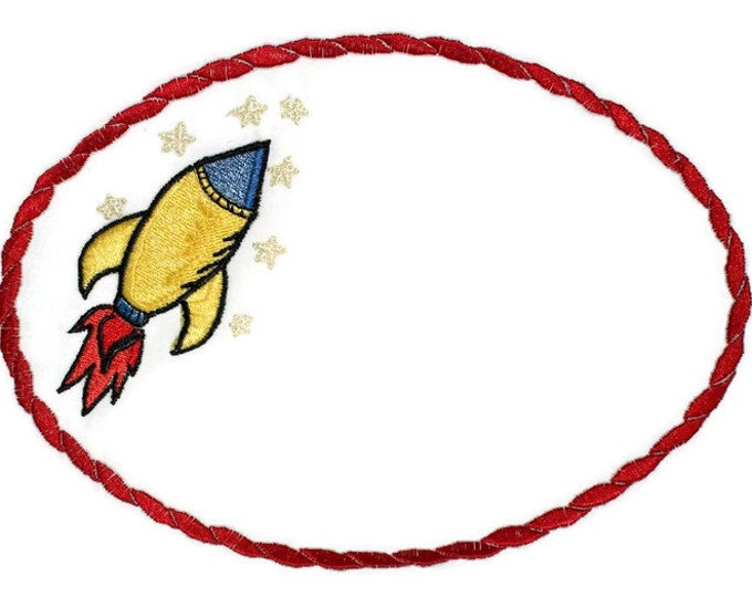 Rocketship embroidered quilt label, to customize with your personal message