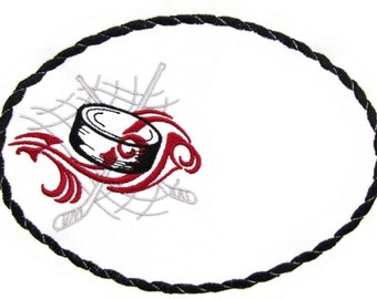 Hockey motif embroidered quilt label to customize with your personal message