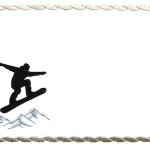 May include: White embroidered square featuring a black silhouette of a snowboarder mid-air, above light blue and white mountain peaks. The border is a beige rope design.