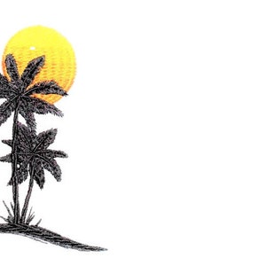May include: Silhouette of two palm trees with a yellow sun behind them. The trees are on a sandy beach.