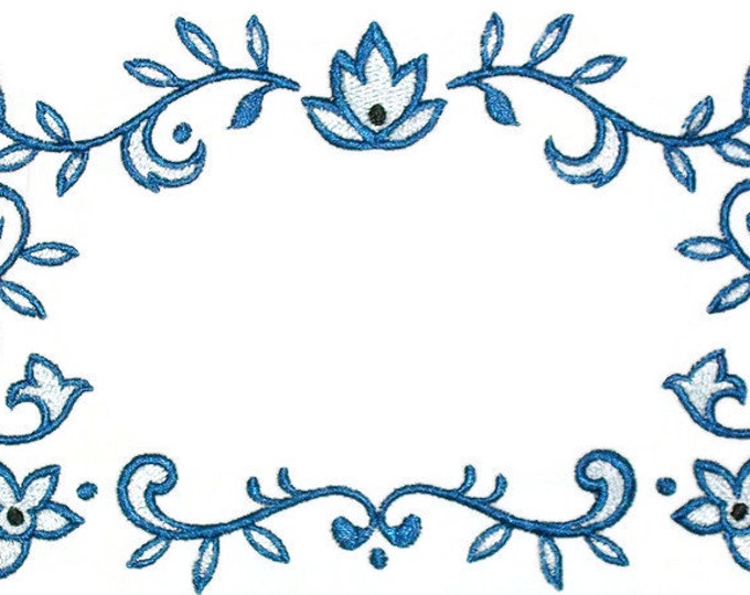 Blue Art Deco Swirls embroidered quilt label, to customize with your personal message