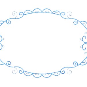May include: A blue decorative frame with a scalloped edge and intricate swirls. The frame is empty and ready to be filled with text or images.