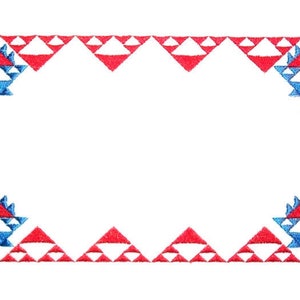 May include: A red and blue geometric border with a white background. The border is made up of triangles and a repeating pattern of a stylized flower.
