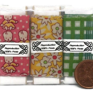 Dollhouse Miniature 3 pack of 1930&#39;s or 1800&#39;s Reproduction fabric bolts for your mini sewing room