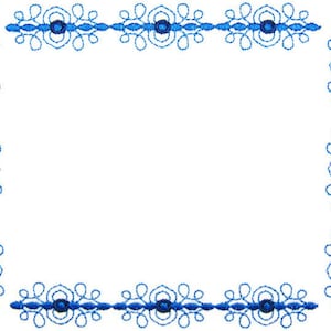 May include: A blue decorative frame with a simple floral design. The frame is made of a thin, delicate line and has a white background.