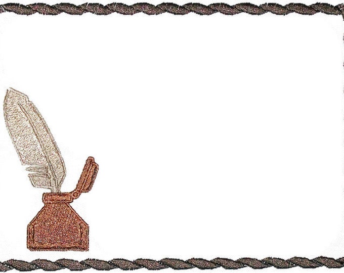 Ink & Feathered quill embroidered quilt label to customize with your personal message
