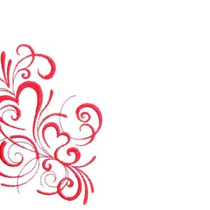 Peut inclure: Un cœur rouge avec des volutes et des boucles, un motif décoratif pour une carte de Saint-Valentin ou un album de scrapbooking.