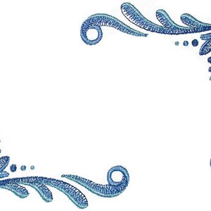 May include: A blue and white decorative corner border design with a floral motif.