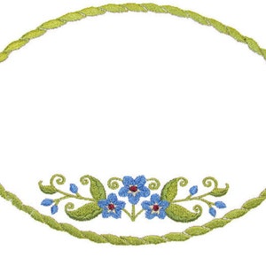 May include: A green oval frame with a twisted rope design. The frame is decorated with blue flowers and green leaves.
