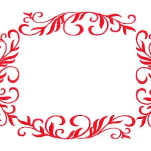 May include: A red decorative frame with a floral design. The frame is made up of swirls and leaves.