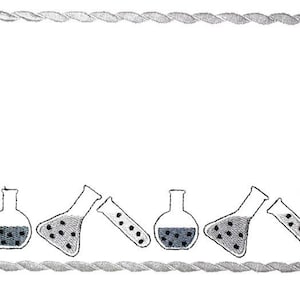 May include: A white background with a gray rope border. Five gray and white beakers and test tubes are lined up at the bottom of the frame.