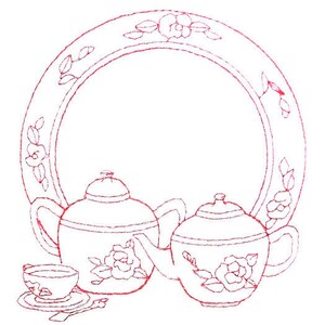 Könnte beinhalten: Eine Strichzeichnung eines Teeservices mit Teekanne, Milchkännchen und Teetasse. Das Teeservice ist mit floralen Mustern verziert. Das Teeservice befindet sich in einem Kreis mit einem floralen Muster.
